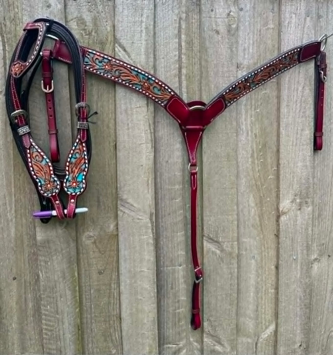 Western Tack Set - Bridle and Breastcollar Tooled Tack set with Teal Inlay