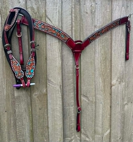 Western Tack Set - Bridle and Breastcollar Tooled Tack set with Teal Inlay