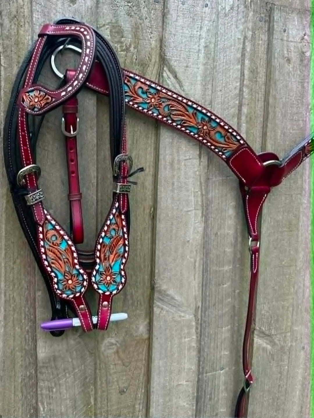 Western Tack Set - Bridle and Breastcollar Tooled Tack set with Teal Inlay