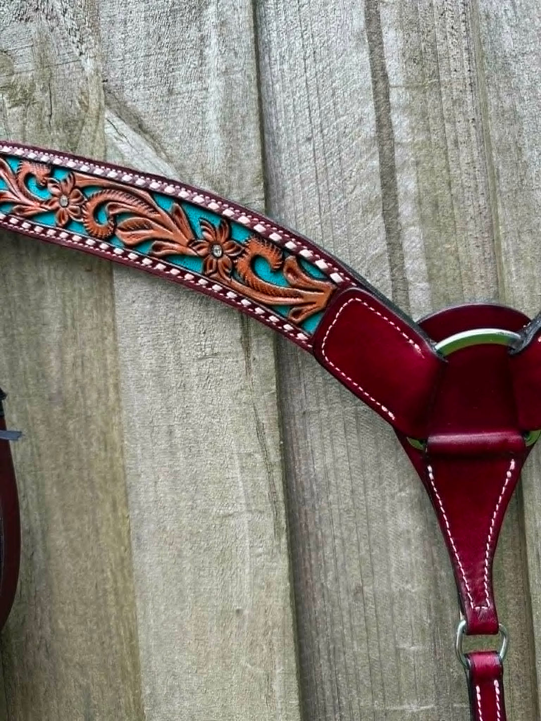 Western Tack Set - Bridle and Breastcollar Tooled Tack set with Teal Inlay