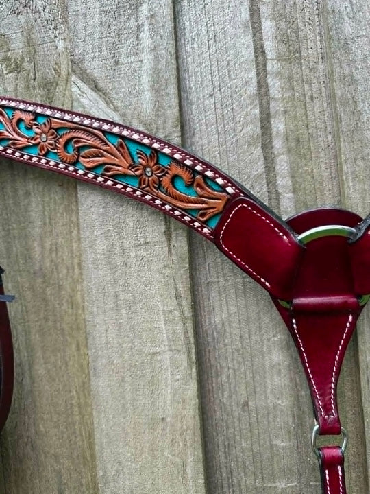 Western Tack Set - Bridle and Breastcollar Tooled Tack set with Teal Inlay