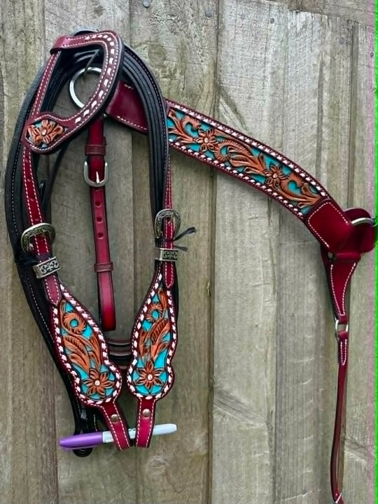 Western Tack Set - Bridle and Breastcollar Tooled Tack set with Teal Inlay