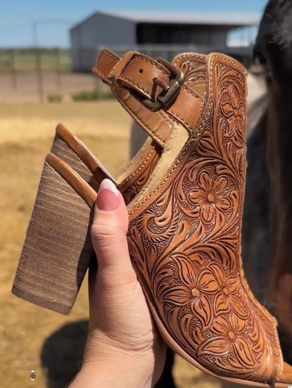 Western Leather Fashion Heel Shoe Sandal Tooled Leather Design