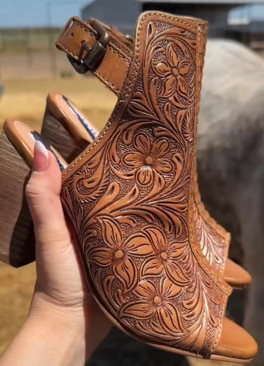 Western Leather Fashion Heel Shoe Sandal Tooled Leather Design