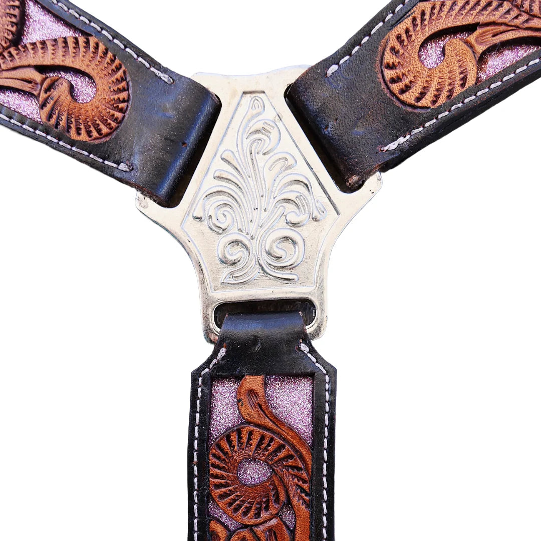 Western Tack Set Bridle & Breastplate Tooled Pink Inlay