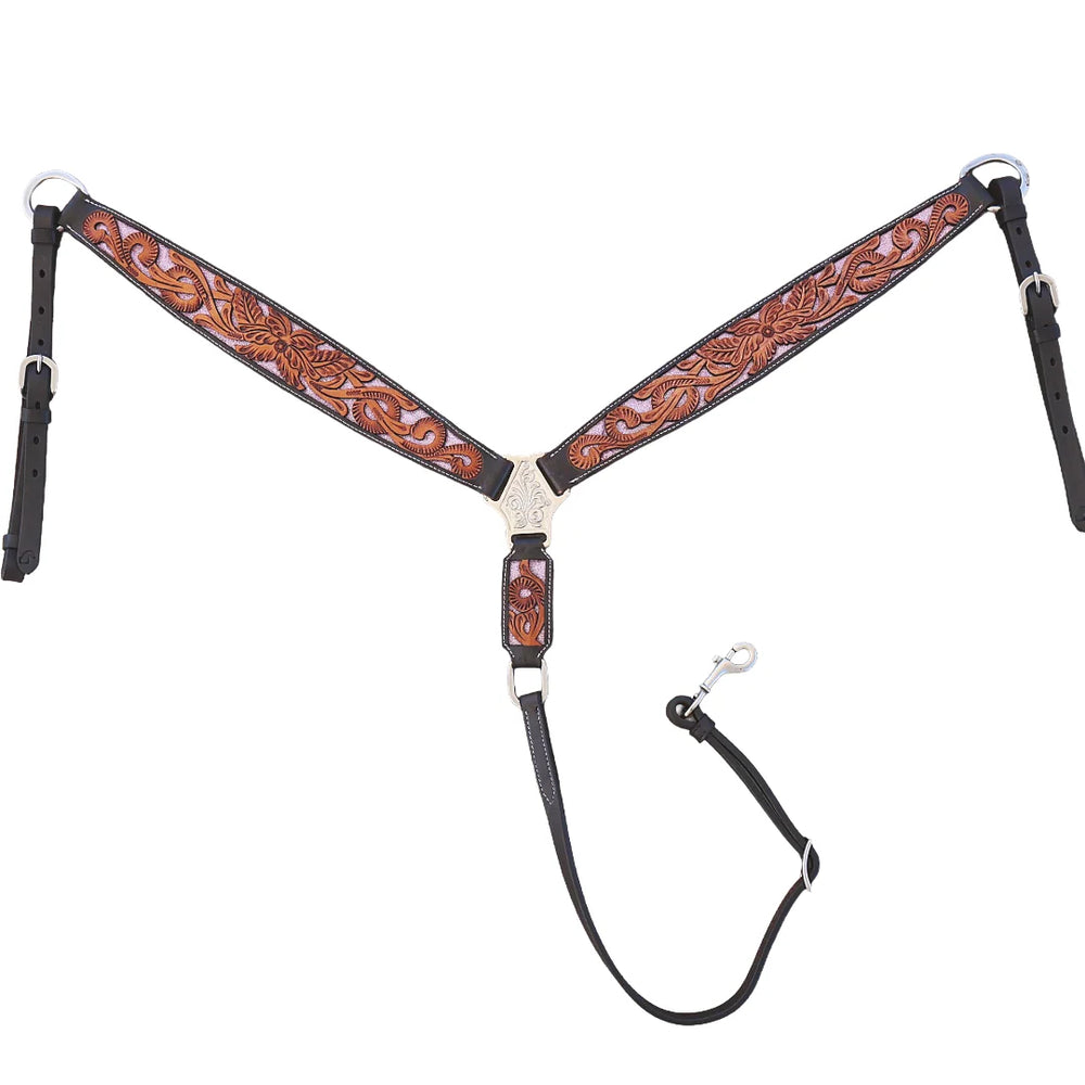 Western Tack Set Bridle & Breastplate Tooled Pink Inlay