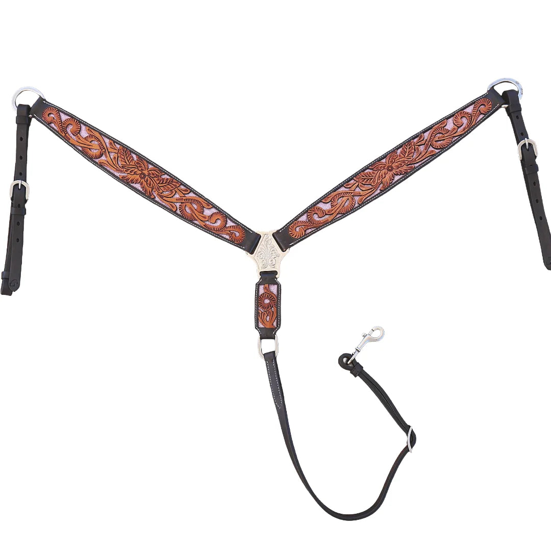Western Tack Set Bridle & Breastplate Tooled Pink Inlay