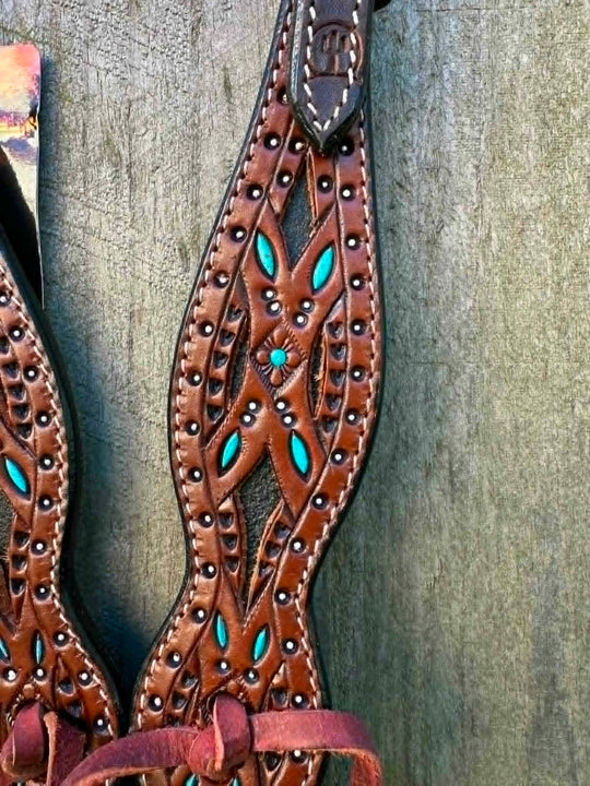 Western Bridle One Ear Tooled Turquoise Inlay Headstall