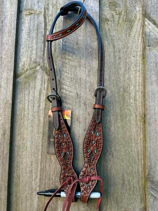 Western Bridle One Ear Tooled Turquoise Inlay Headstall