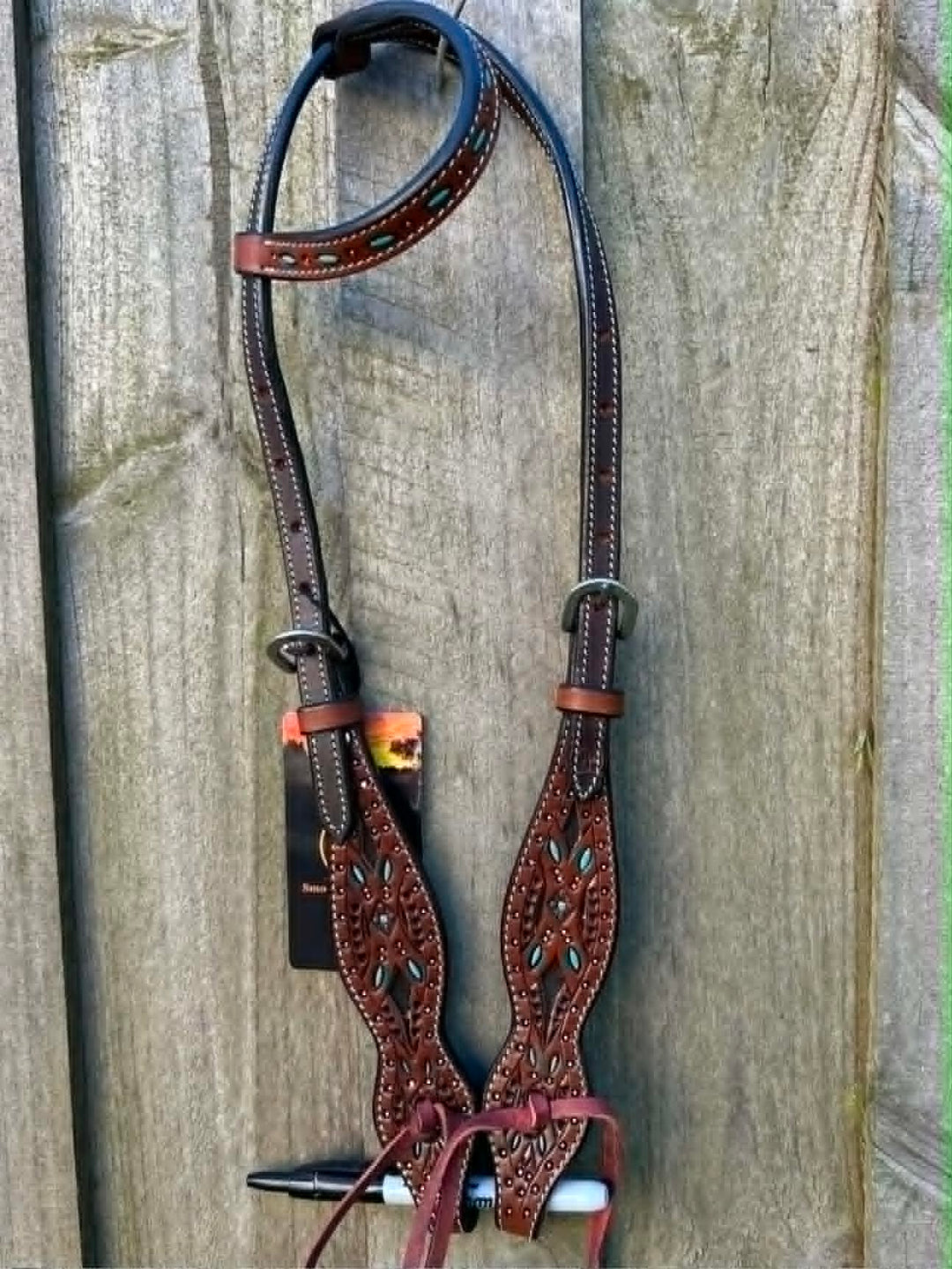Western Bridle One Ear Tooled Turquoise Inlay Headstall