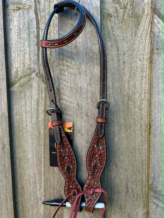 Western Bridle One Ear Tooled Turquoise Inlay Headstall