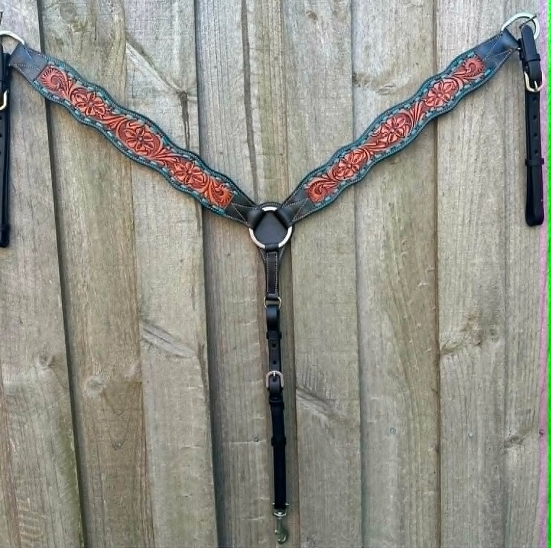 Breastcollar - Breastplate Tooled Leather Turquiose Buckstitch