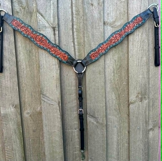 Breastcollar - Breastplate Tooled Leather Turquiose Buckstitch