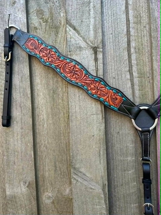 Breastcollar - Breastplate Tooled Leather Turquiose Buckstitch