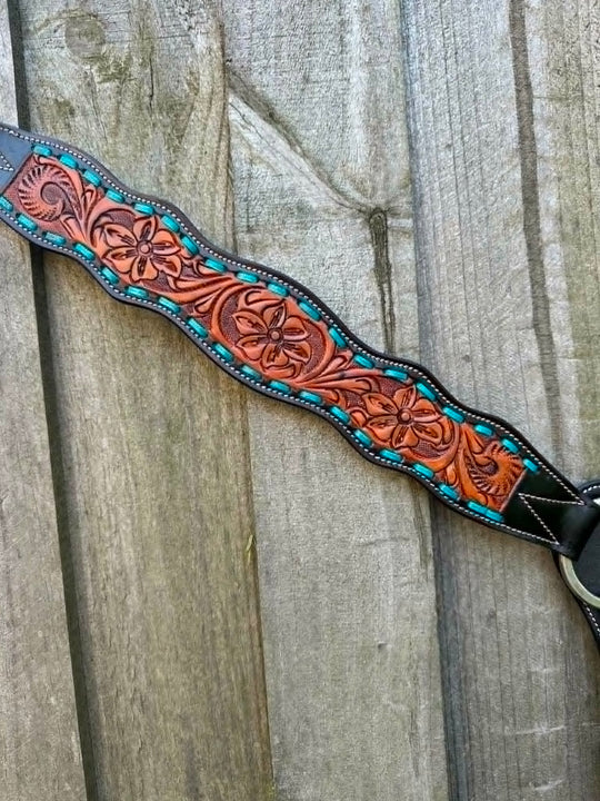 Breastcollar - Breastplate Tooled Leather Turquiose Buckstitch