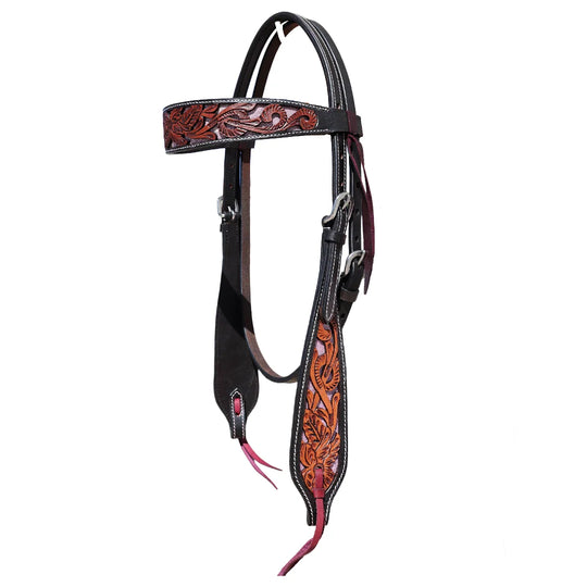 Western Tack Set Bridle & Breastplate Tooled Pink Inlay
