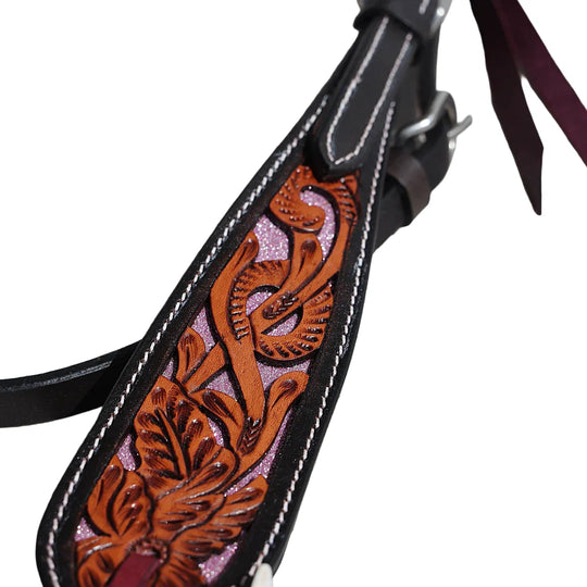 Western Tack Set Bridle & Breastplate Tooled Pink Inlay