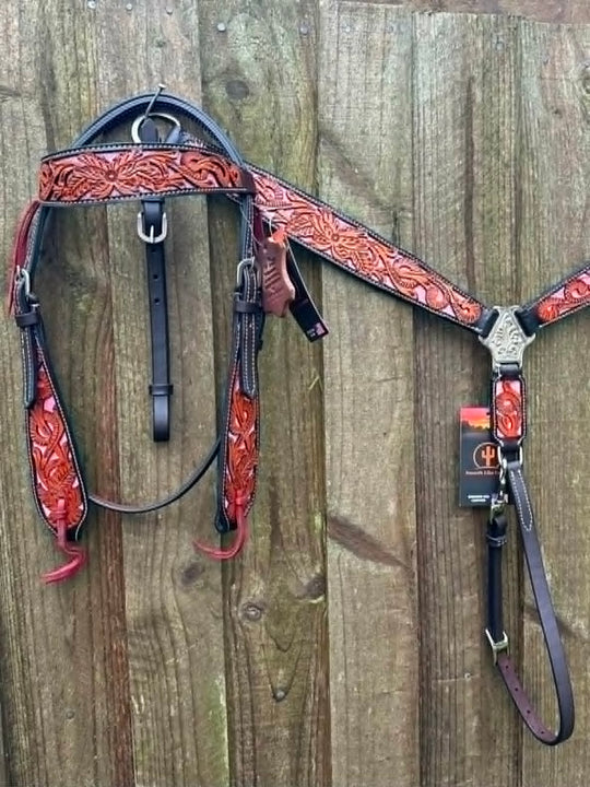 Western Tack Set Bridle & Breastplate Tooled Pink Inlay