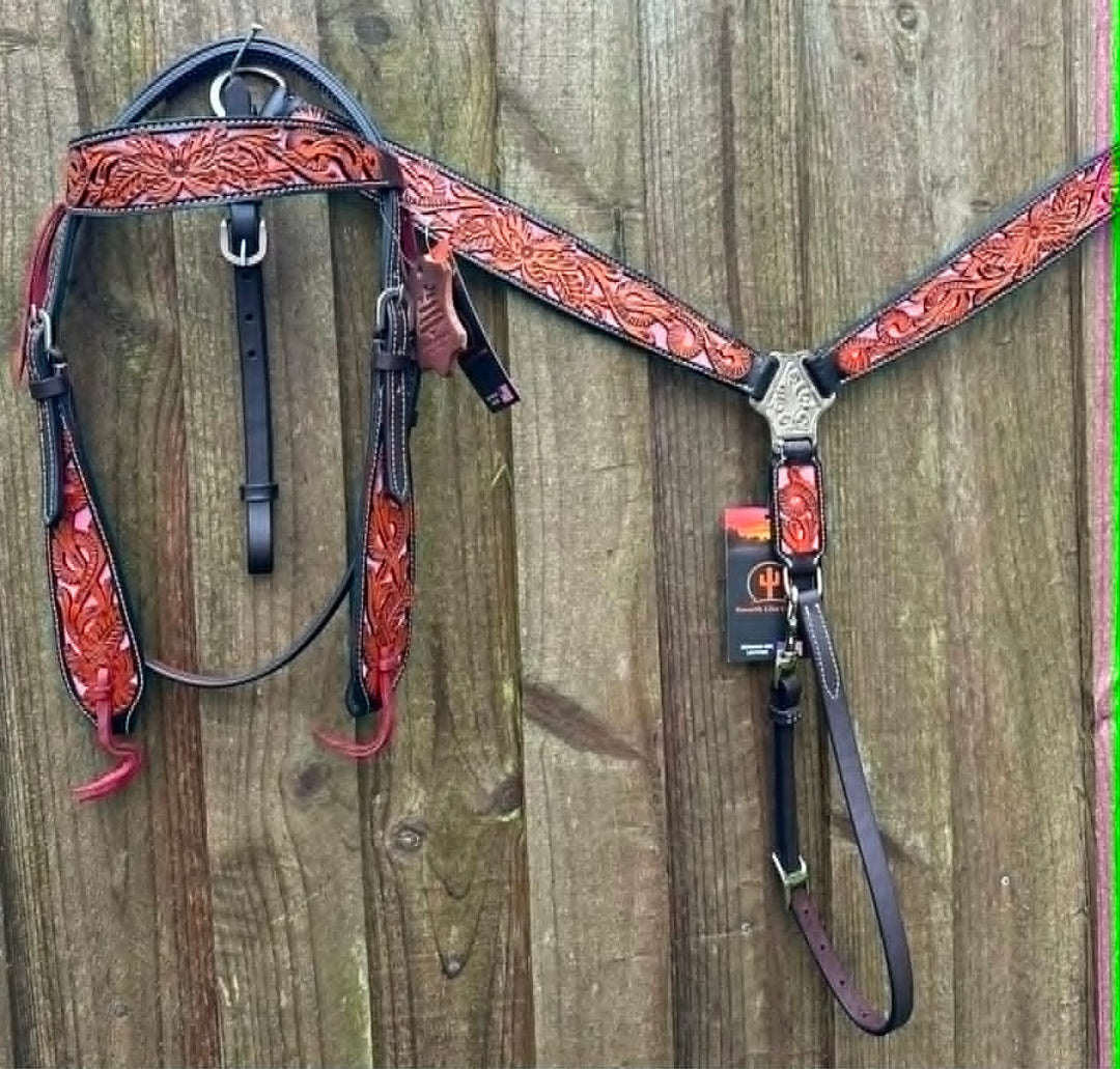 Western Tack Set Bridle & Breastplate Tooled Pink Inlay