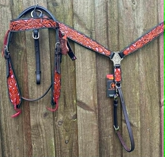 Western Tack Set Bridle & Breastplate Tooled Pink Inlay