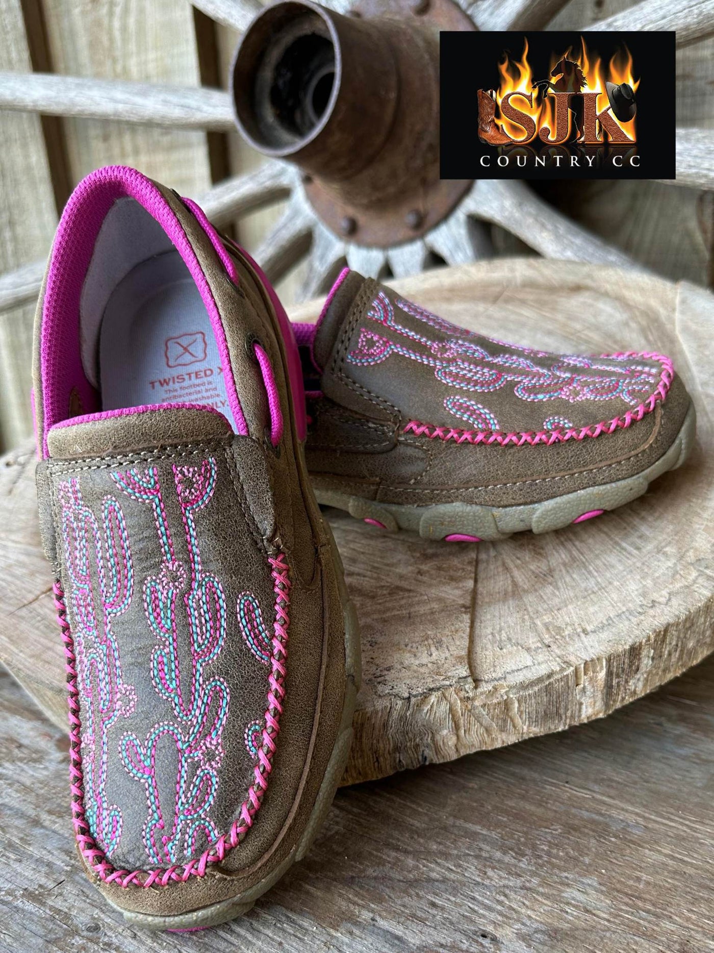Twisted X Leather Western Mocs Pink Cactus Print Detail