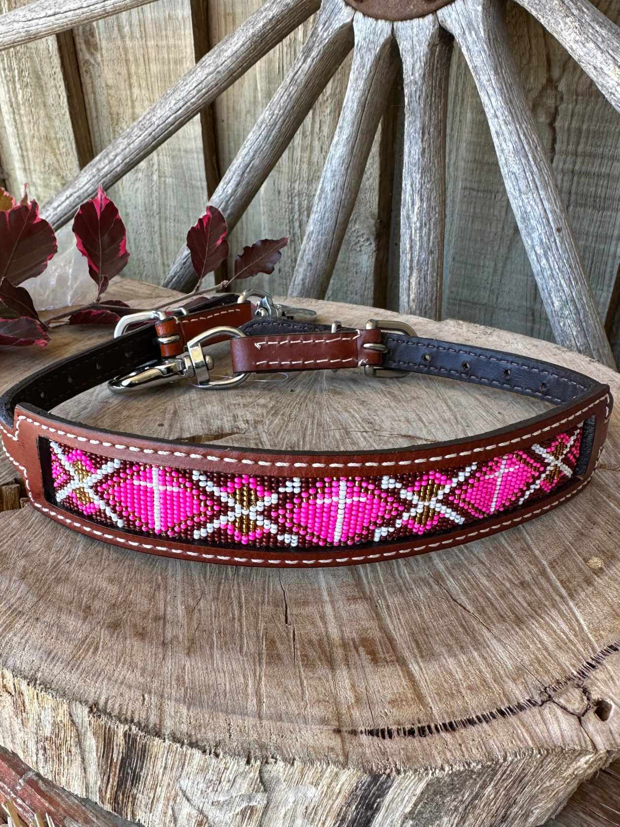 Wither Strap -  Leather  with navajo beaded inlay Hot Pink