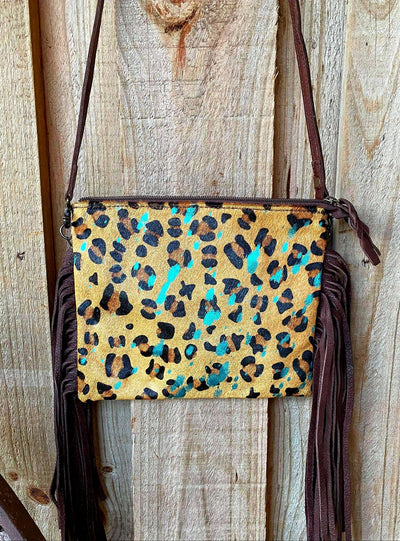 American Darling Genuine Leopard Print Turquoise Acid Wash Hide, Leather CrossBody
