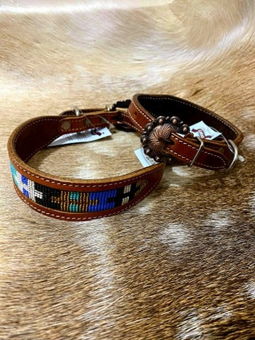Collar - Couture Leather Western Dog Collar Blue Aztec Dc11 Small