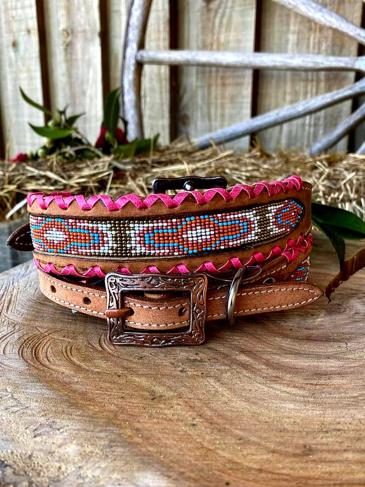Dog Collar - South western design beaded leather collar