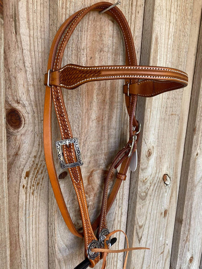 Western Bridle Browband Leather headstall with basket weave tooling.