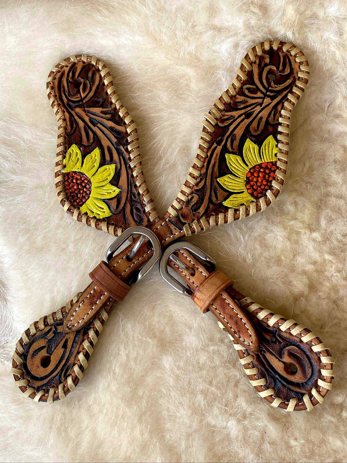 Straps - Ladies Hand painted sunflower design spur straps