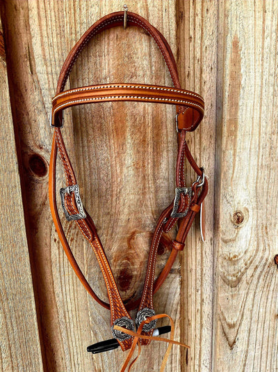 Western Bridle Browband Leather headstall with basket weave tooling.