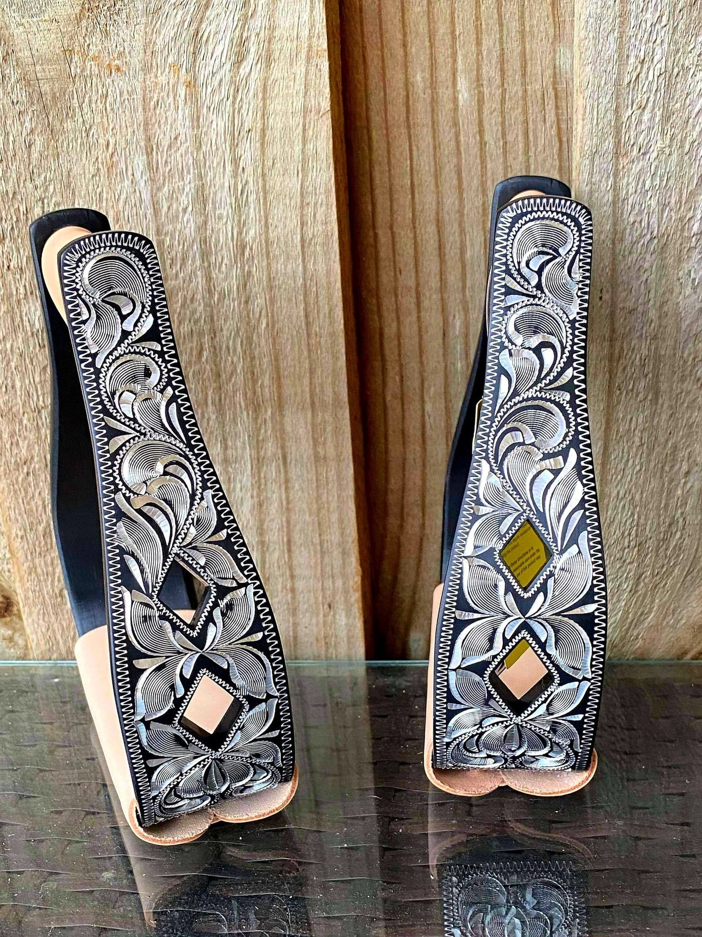 Stirrups - Western Show Black Aluminum stirrups with silver engraving and cut out diamond design