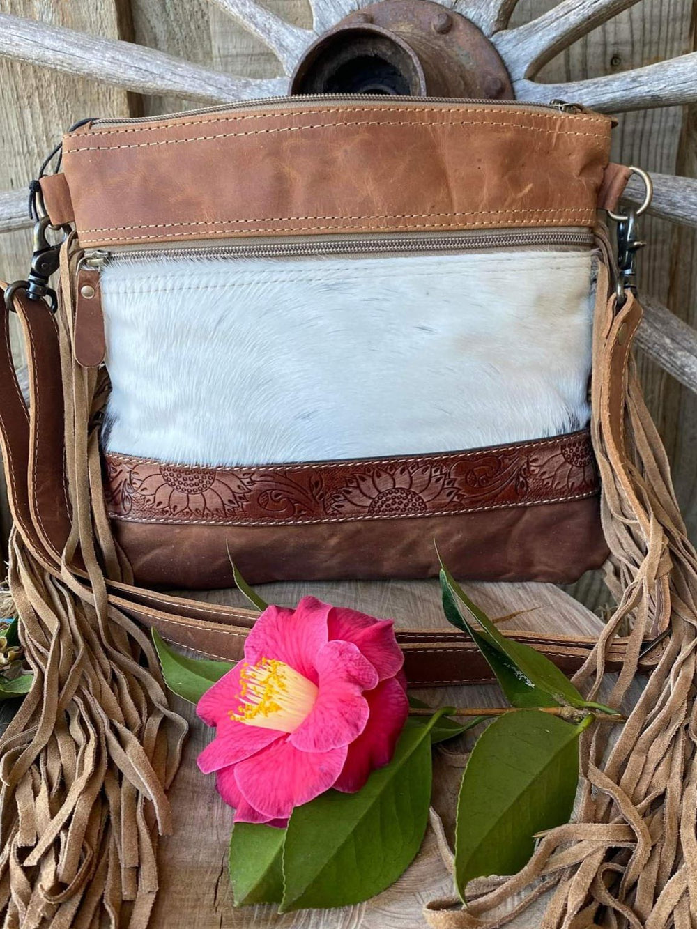 Western Hide & Leather Crossbody with Embossed Sunflower