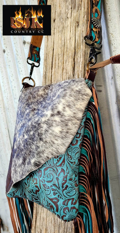 Western Hide & Leather Cowhide Turquoise Tooled Small Crossbody