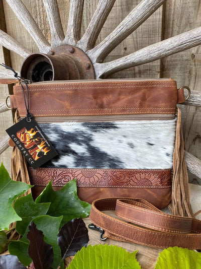 Western Hide & Leather Crossbody with Embossed Sunflower