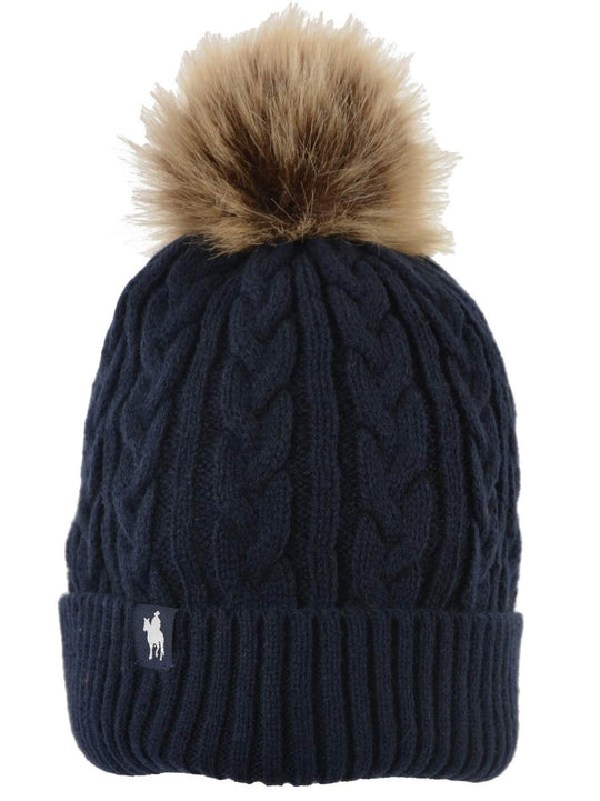 Thomas Cook Cable Knit Beanie with Fur Pom
