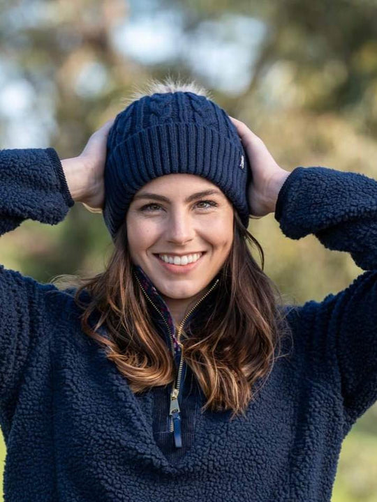 Thomas Cook Cable Knit Beanie with Fur Pom