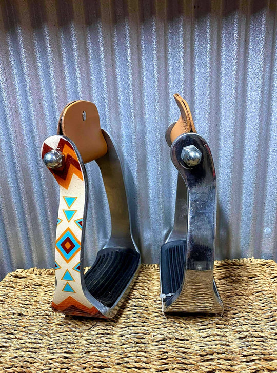 Stirrups - ®   White and Light Blue Navajo print stirrup.