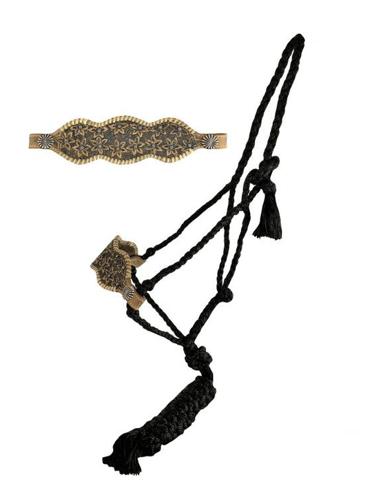 Halter - Woven nylon mule tape halter Tooled Leather Noseband