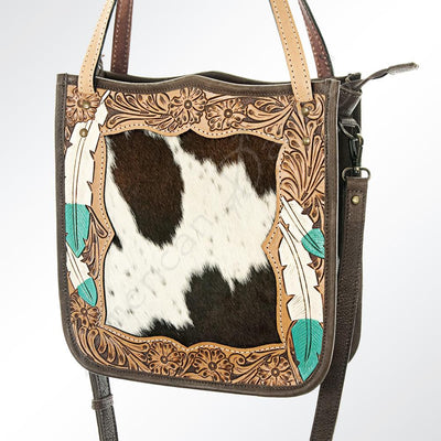 American Darling Genuine Tooled Leather and Hide Tote Feather Design