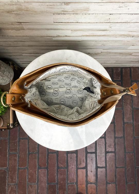 Western Recycled Canvas and Leather Tote Beautiful Tribal Print Tooled Leather