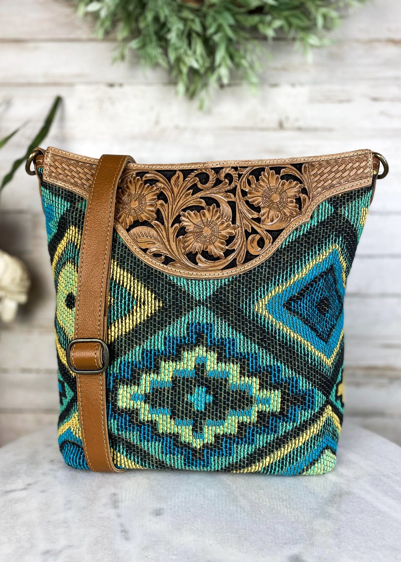 Western Recycled Canvas and Leather Tote Beautiful Tribal Print Tooled Leather