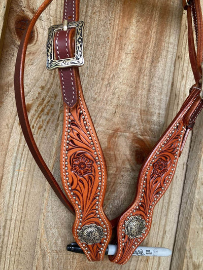 Western Bridle Browband Floral Tooled Silver Dot Headstall