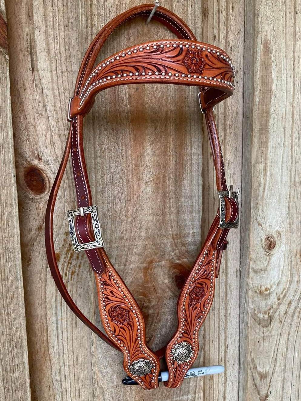 Western Bridle Browband Floral Tooled Silver Dot Headstall
