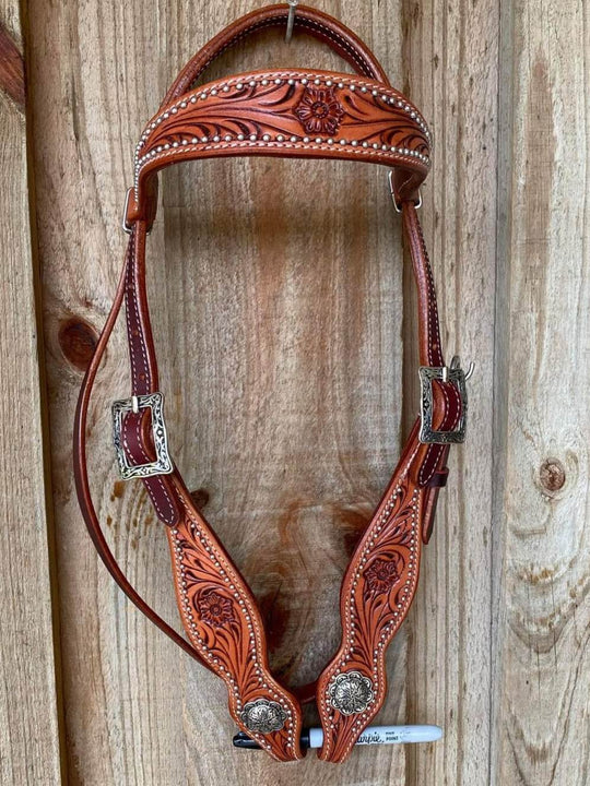 Western Bridle Browband Floral Tooled Silver Dot Headstall