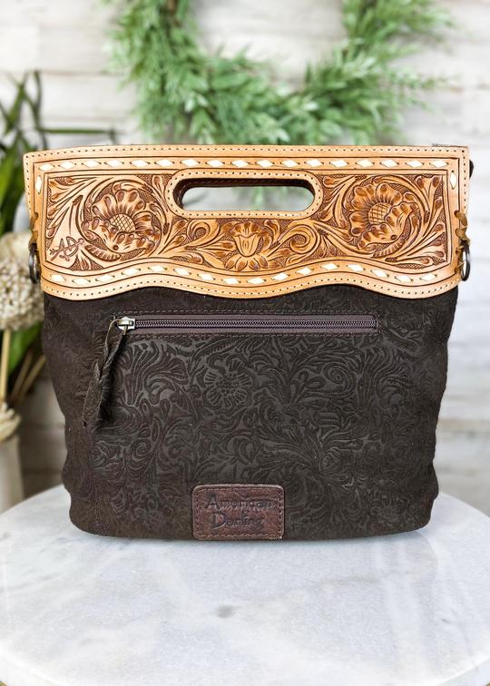 American Darling Genuine Embossed Chocolate Leather Clutch/Crossbody