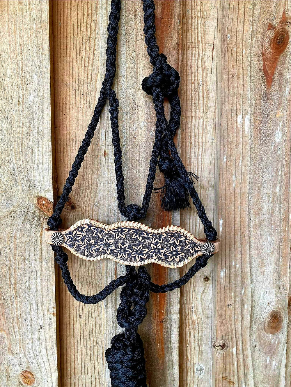 Halter - Woven nylon mule tape halter Tooled Leather Noseband
