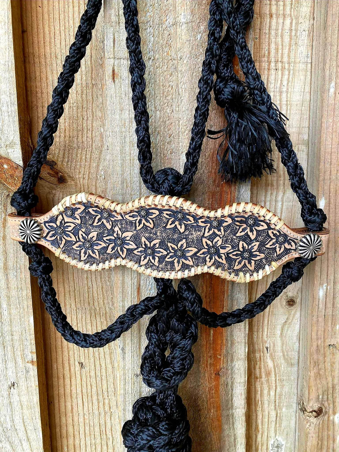Halter - Woven nylon mule tape halter Tooled Leather Noseband