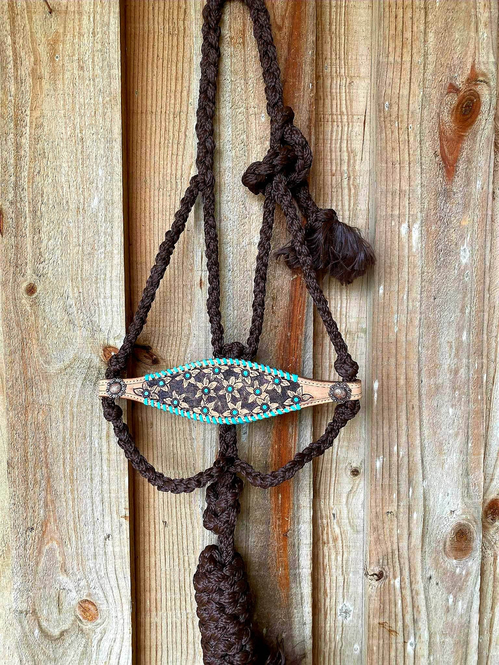 Halter - Woven nylon mule tape halter Tooled Leather Noseband